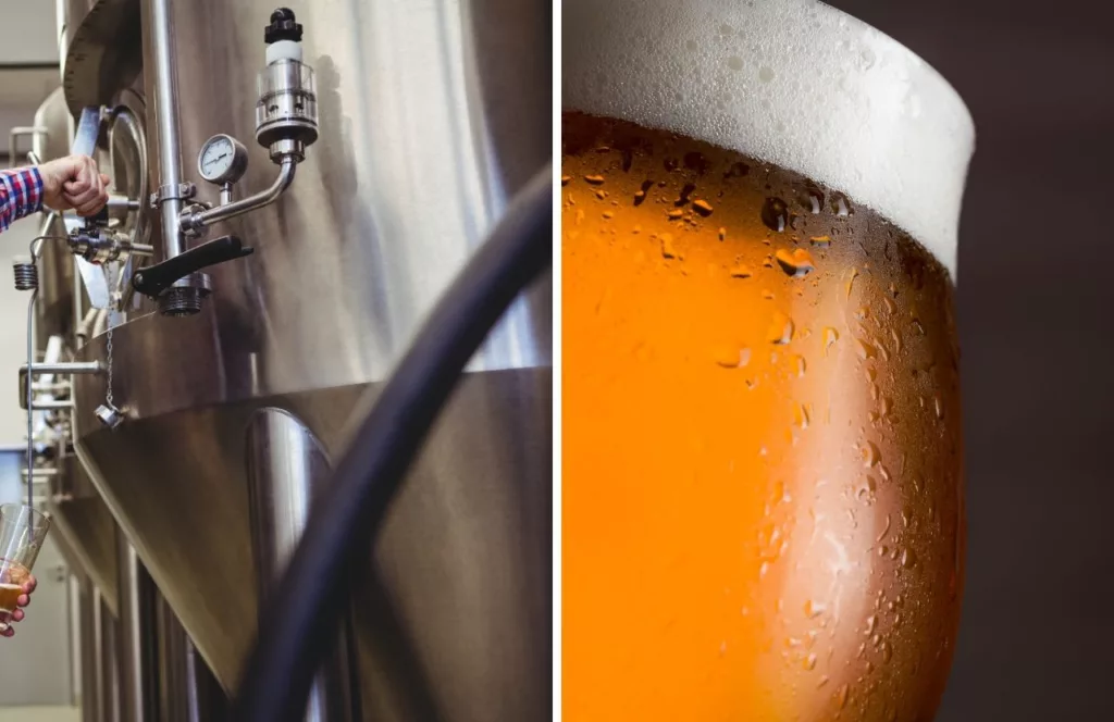 Freshly poured pint of beer and a large brew tank. Keep reading to discover the best breweries in Jacksonville. 