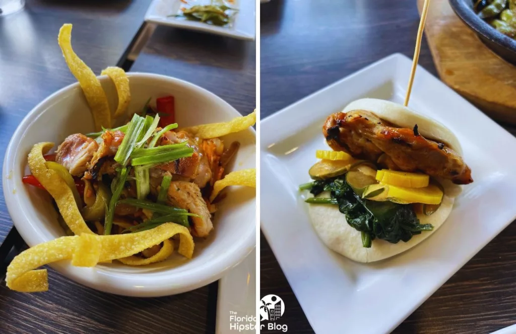 One of the best things to do in Clearwater Beach, Florida. Broken Egg Roll Chicken Bowl next to Chicken Bao Bun at Sekushi Japanese Sushi Restaurant
