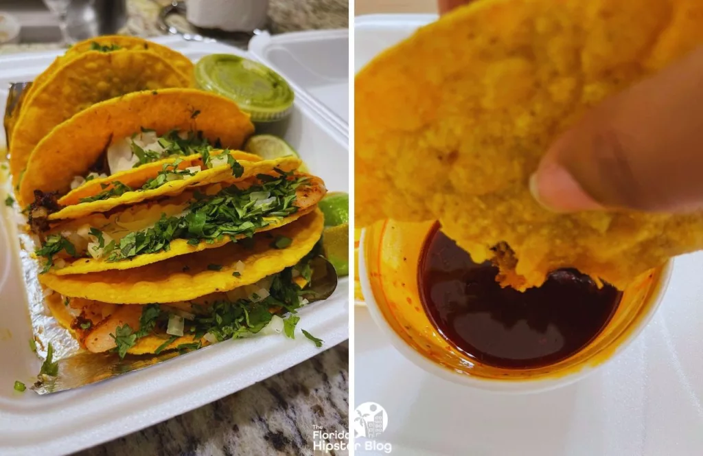 Taco with beans and rice with birria dipping sauce. Keep reading to find out where are the best places for lunch in Gainesville.