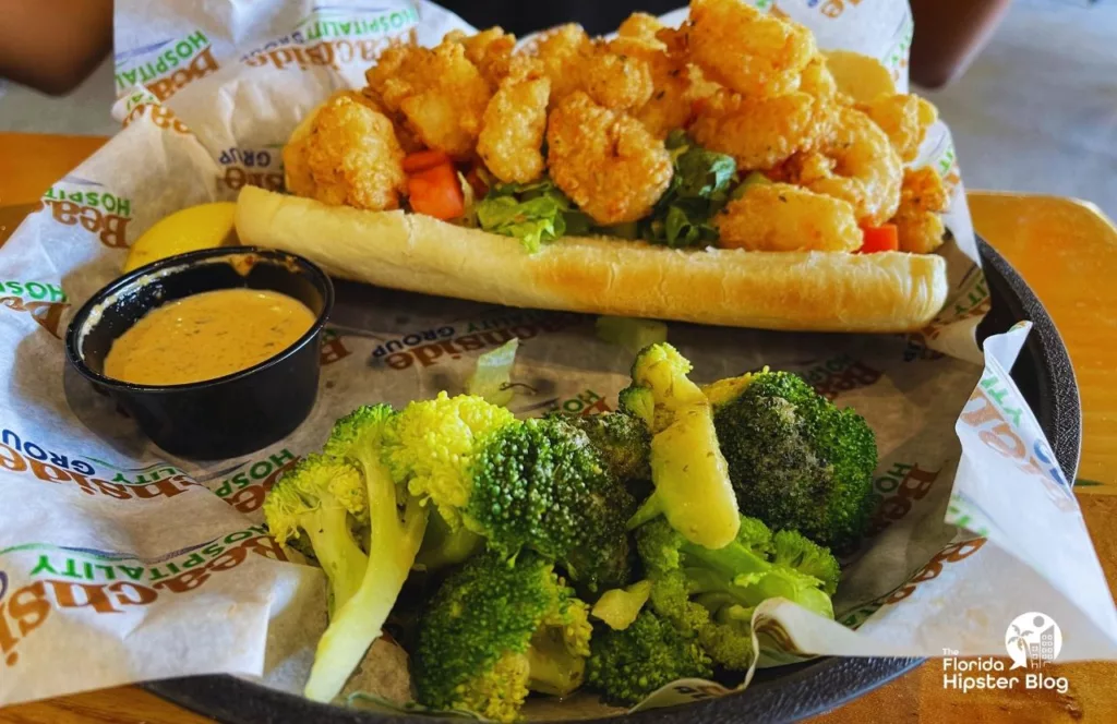 One of the best things to do in Clearwater Beach, Florida. The Salty Crab fried shrimp po boy with broccoli. Keep reading to get the best west central Florida beaches.