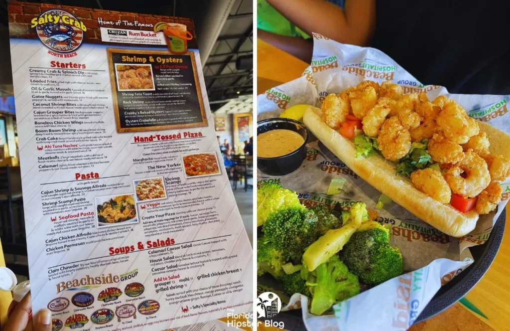 One of the best things to do in Clearwater Beach, Florida. The Salty Crab menu next to fried shrimp po boy with broccoli. Keep reading to get the best beaches in florida for bachelorette party.