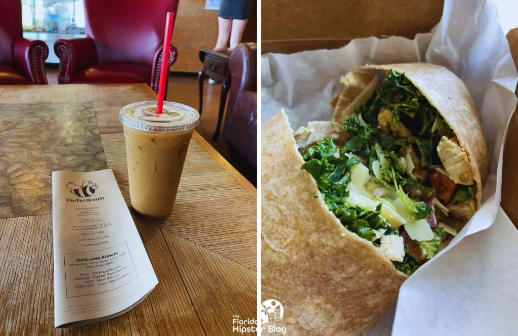 One of the best things to do in Jacksonville, Florida. Delicomb Coffee Shop Ice Coffee with menu and King Cesaer Wrap. Keep reading for the best lunch in Jacksonville, Florida.