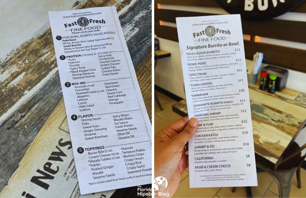 Kazu Sushi Burrito menu. One of the best places to get sushi in Jacksonville, Florida.