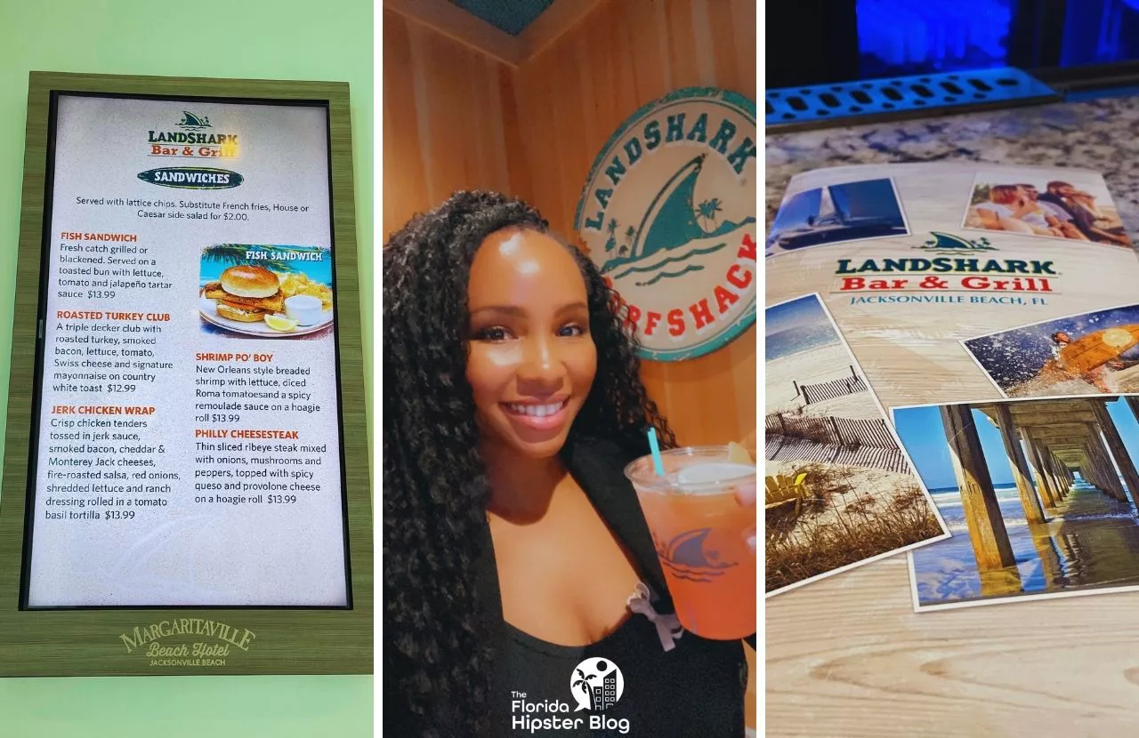 One of the best things to do in Jacksonville, Florida. Margaritaville Beach Hotel Landshark Bar and Grill menu with NikkyJ drinking a margarita. Best lunch in Jacksonville, Florida.