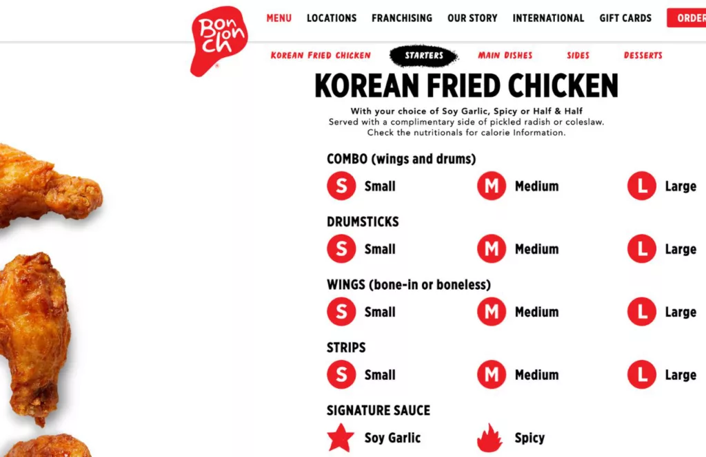 One of the best wings is Jacksonville, Florida is from Bonchon Chicken. Screenshot of Menu
