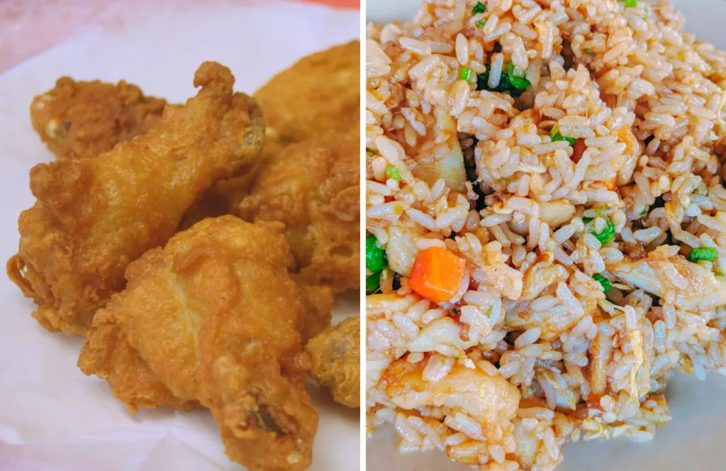 Fried chicken wings on left and fried rice on the right. Keep reading to learn more about the best lunch in Gainesville. 