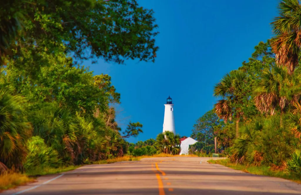 St. Marks Wildlife Refuge Lighthouse on the Gulf of Mexico coastline. Keep reading to get the best things to do in the Florida Panhandle.