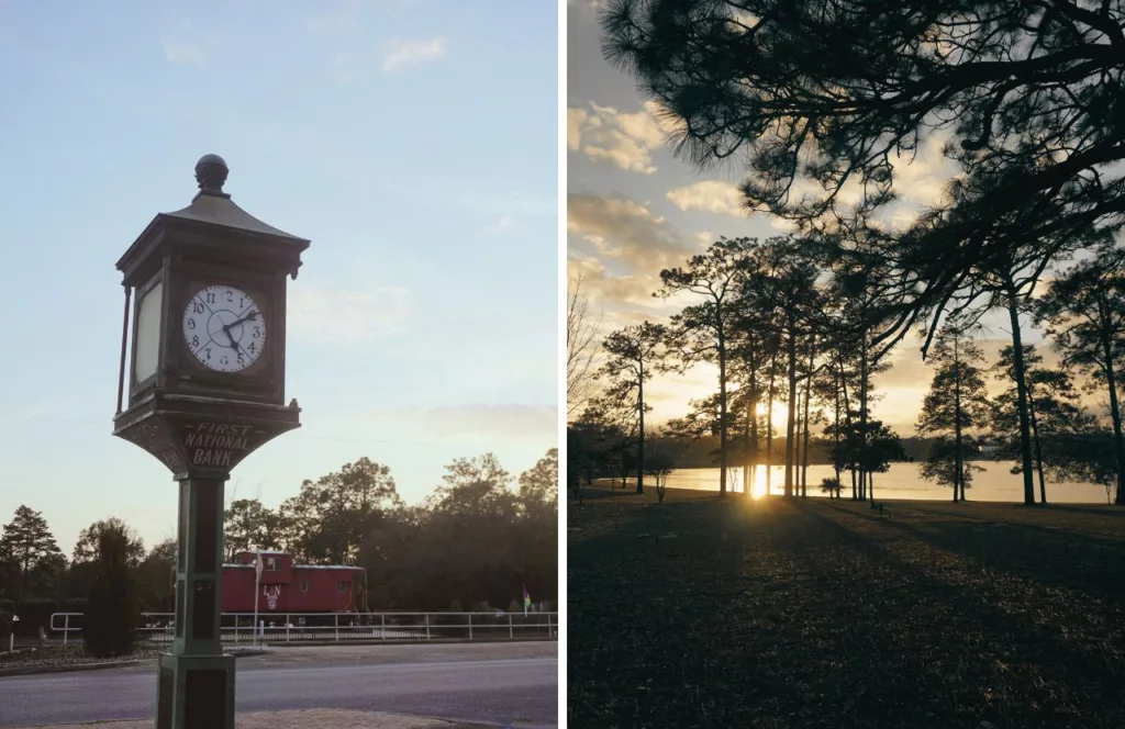 Sunset on Lake DeFuniak Springs and old clock tower. Keep reading to get the best things to do in the Florida Panhandle