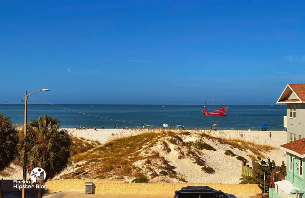 The Avalon Hotel in Clearwater Gulf of Mexico beach View from the balcony with Pirate ship. Keep reading to get the best beaches near Gainesville, Florida.