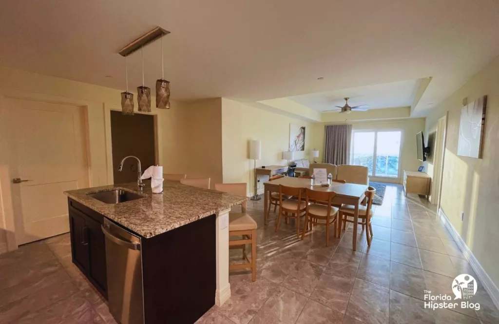 The Avalon Hotel in Clearwater room showing the kitchen and large open cooking space and eating area. Keep reading to find out more about The Avalon Club Hotel.