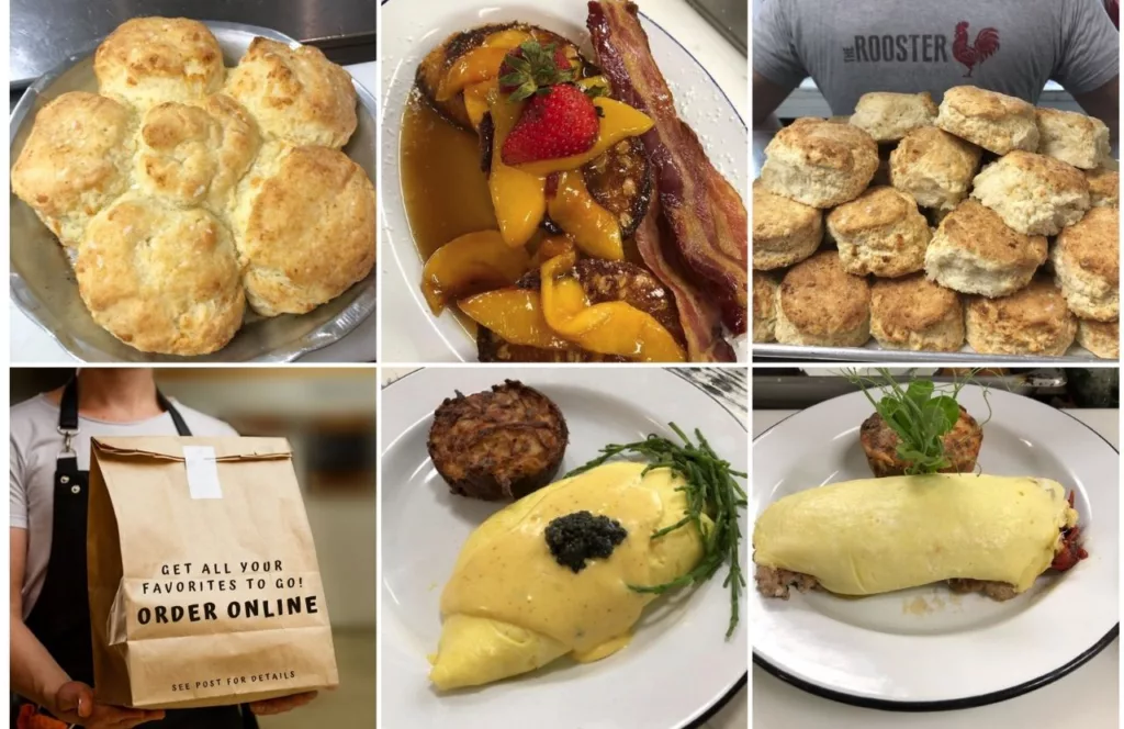 The Rooster Instagram Page with photos of food dishes off the menu and  an order online bag. Keep reading to discover more of the best places for Naples breakfast. 