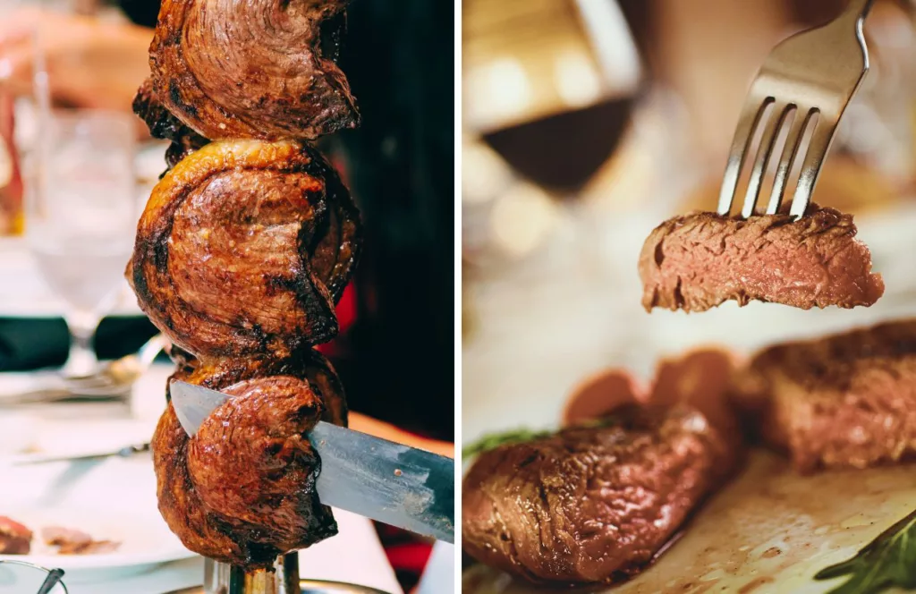 This is the best lunch in Jacksonville, Florida. Terra Gaucha Brazilian Steakhouse with meat next to red wine. Keep reading to learn more about where to go for lunch in Jacksonville. 