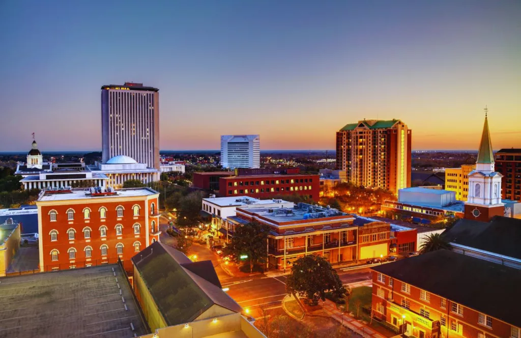 Downtown Tallahassee skyline at night. Keep reading to find out more about the best events in Florida for the 4th of July. 