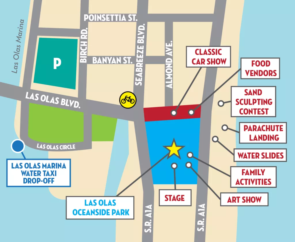 Map of Great American Beach Party 2023 in Fort Lauderdale for Memorial Day Weekend in Florida.