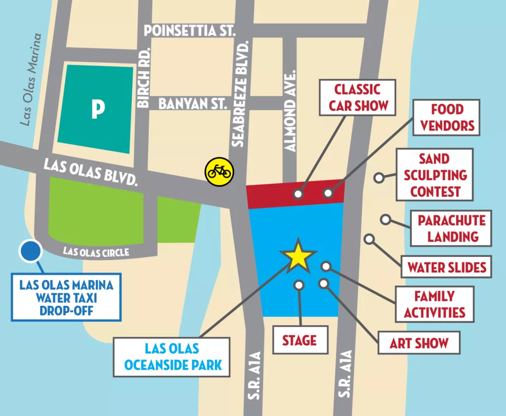 Map of Great American Beach Party 2023 in Fort Lauderdale for Memorial Day Weekend in Florida. Keep reading to find out more about Memorial Day weekend events in Florida. 