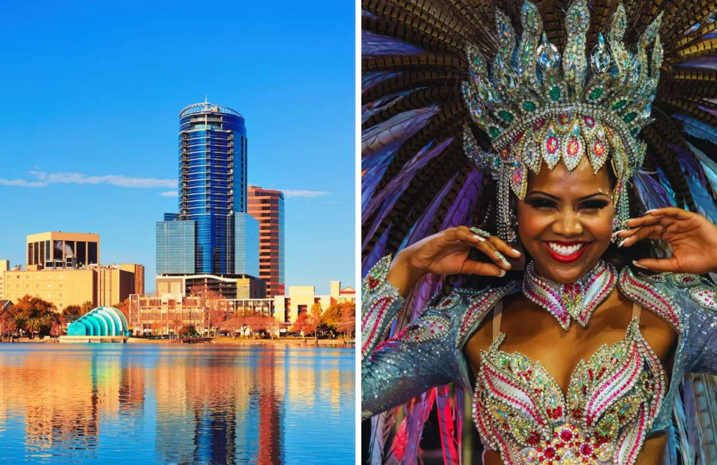 Orlando downtown along the waterfront and a lady in festival costume clothing. Keep reading to get the full guide on Orlando birthday celebrations.