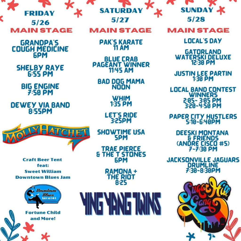 Palatka Blue Crab Festival Schedule for Memorial Day Weekend in Florida.