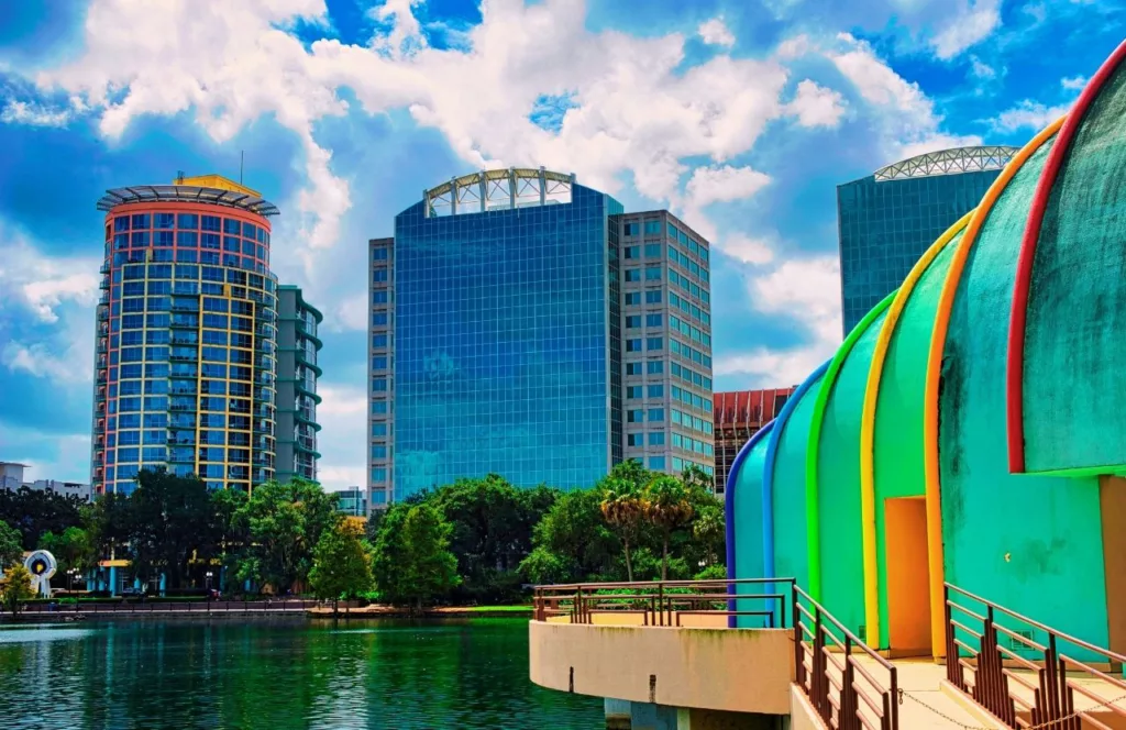 Lake Eola waterfront in Orlando. Keep reading to find out more ideas for a couples night in Orlando.