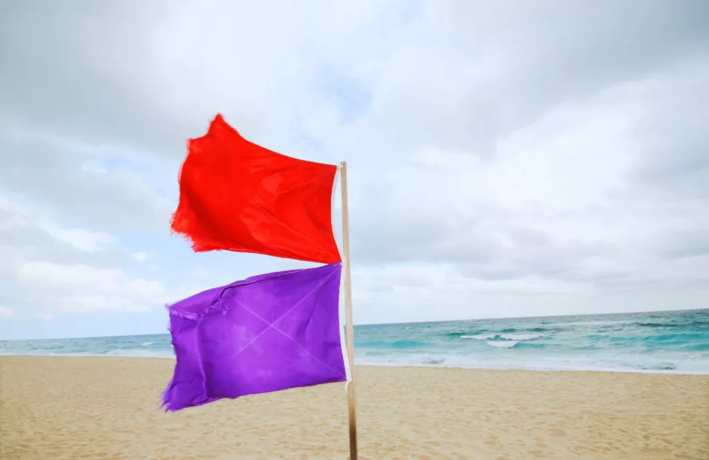 Red and purple beach flag warning. Keep reading to learn more about snorkeling in Florida.