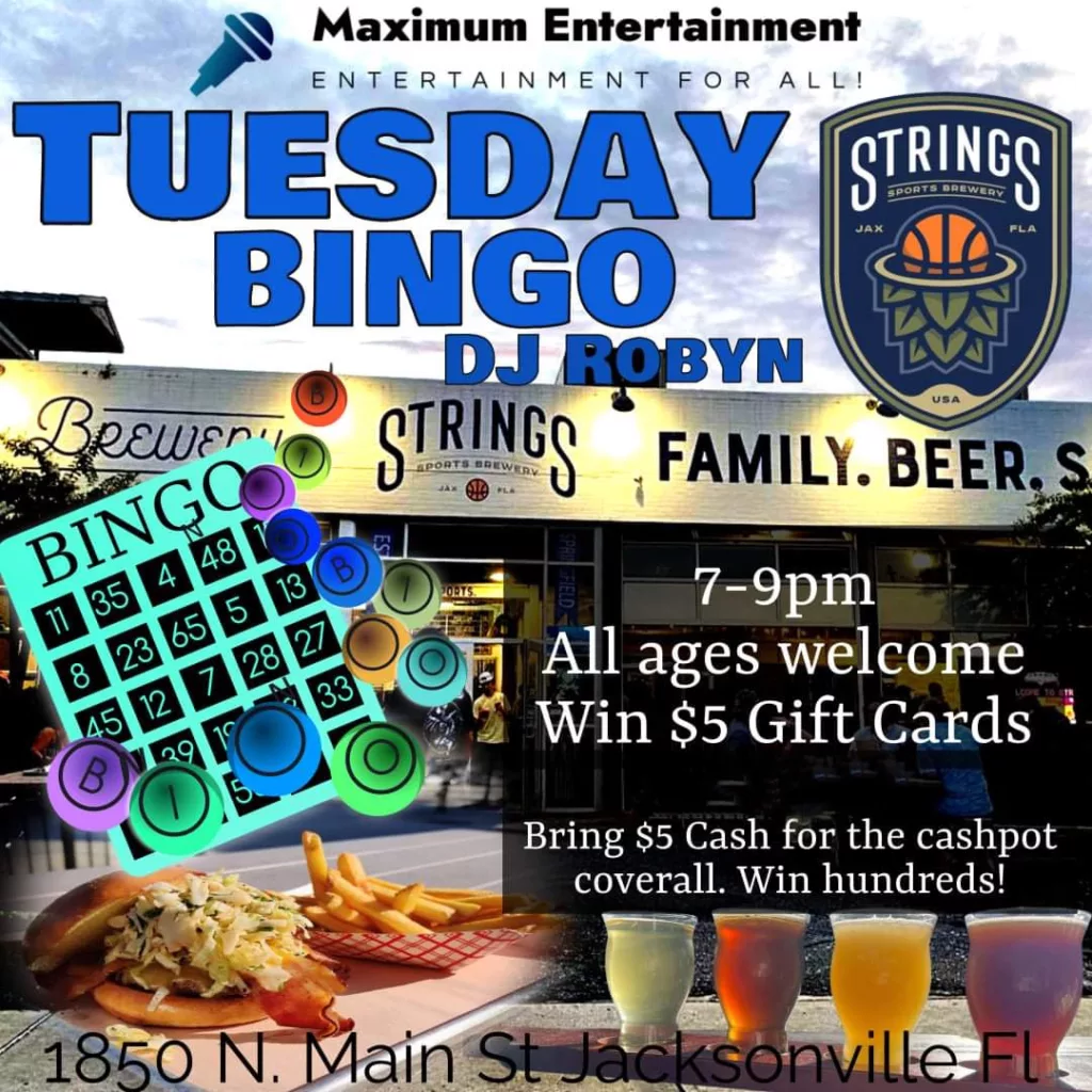 Stings Sports Brewery in Jacksonville Tuesday Night Bingo. One of the best things to do in Florida for the 4th of July and Independence Day