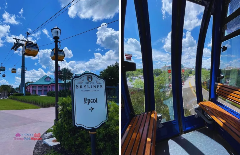 Disney Riviera Resort skyliner interior to Epcot. Keep reading to learn how to How to Get From Epcot to Hollywood Studios for your Disney vacation.