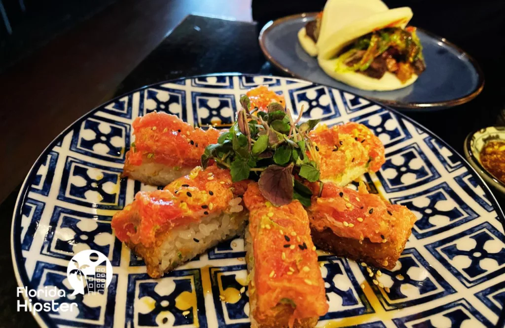 Dragonfly Sushi Tuna on top of Crispy Rice and Beef Bao Bun One of the best places to get sushi in Gainesville, Florida.