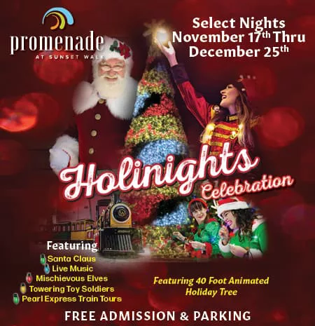 The Holinights Celebration at Sunset Walk Kissimmee 2023 event ad. Keep reading to discover more Christmas in Orlando events.