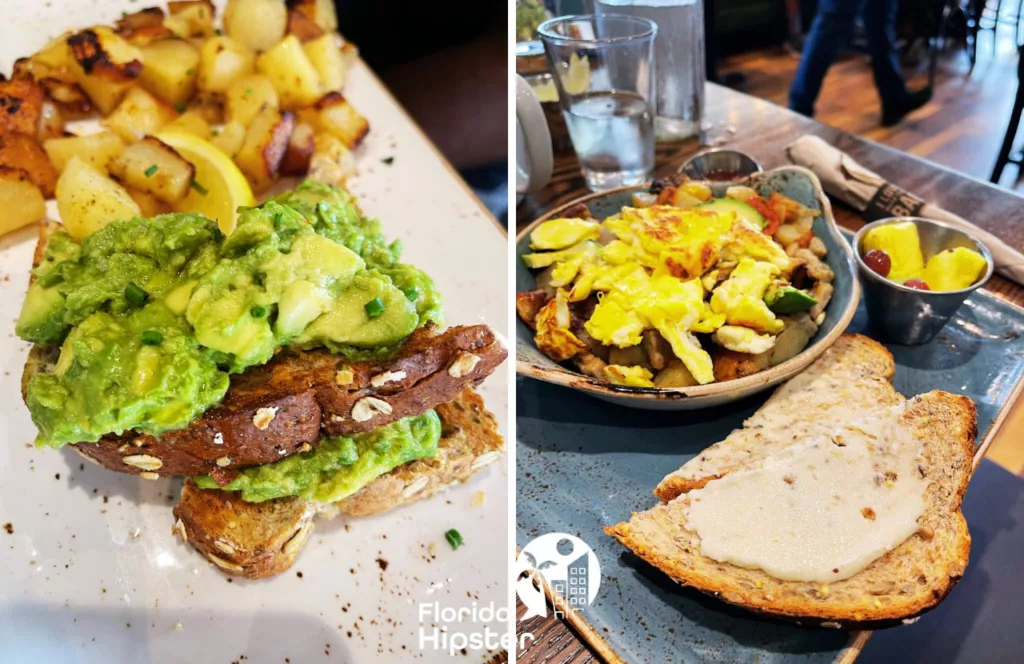 Avocado Toast Potatoes and Egg Hash with Toast and fruit at First Watch Breakfast and Brunch Restaurant. Keep reading to learn where to go for the best breakfast in Kissimmee. 