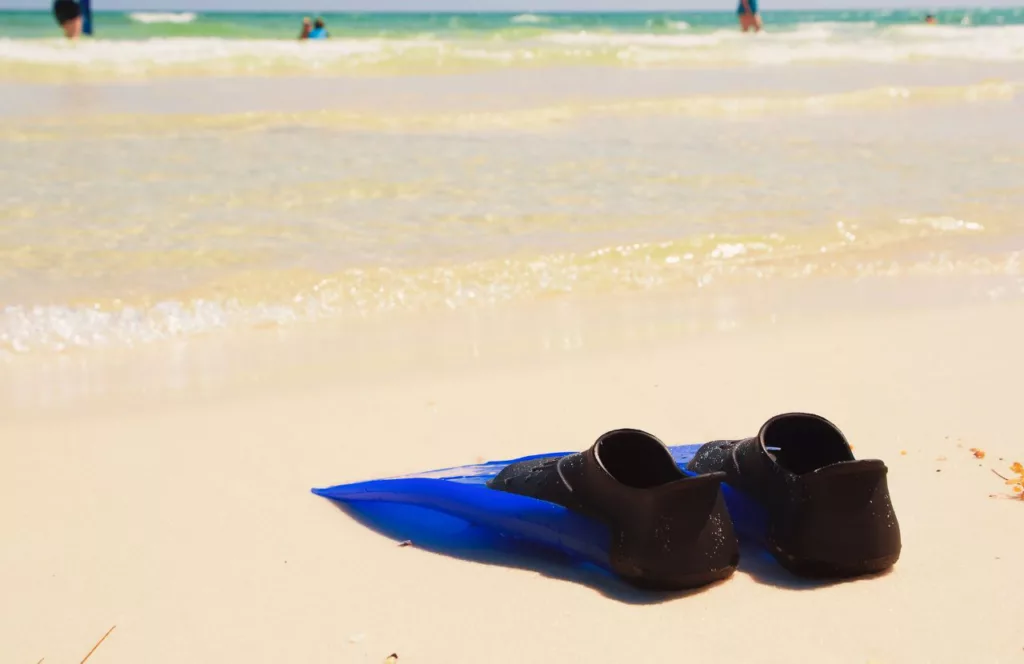 Black and Blue Flippers on the Beach. Keep reading to get the Full Guide to Snorkeling in Panama City Beach, Florida.