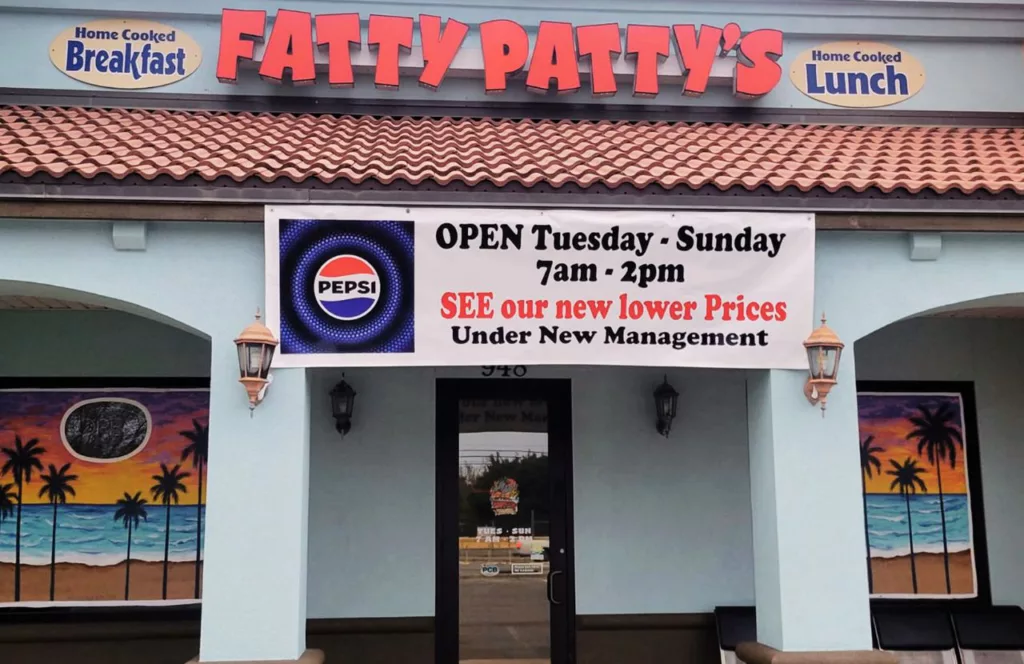 Fatty Patty’s Cakes and Café entrance . One of the best places to get breakfast in Panama City Beach, Florida. Keep reading to learn more about the best place to eat in Panama City Beach, Florida. 