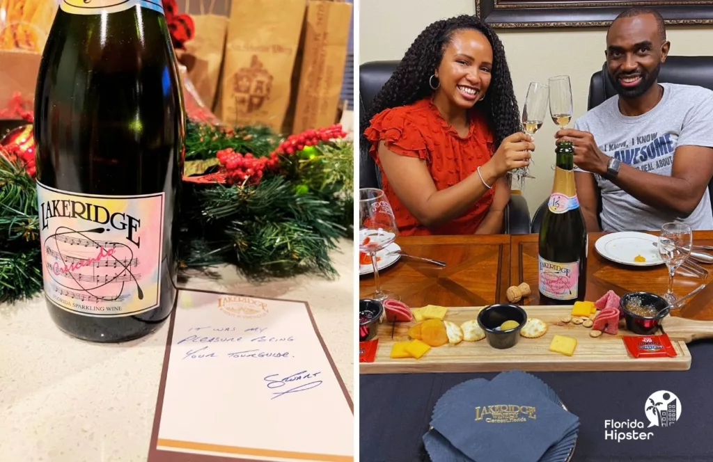 Bottle of Lakeridge wine and a photo of NikkyJ enjoying a Private VIP Tour Wine Tasting at Lakeridge Winery in Clermont, Florida with glasses of wine and charcuterie board. Keep reading to get the full guide on Orlando birthday celebrations.