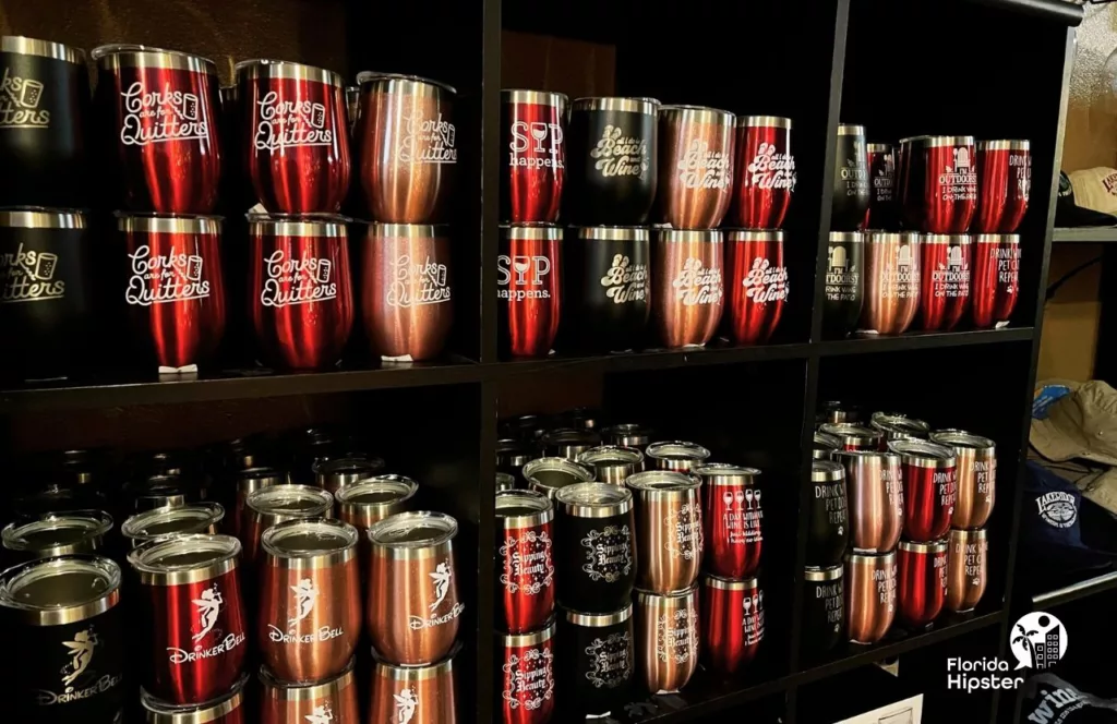 Store and Merchandise of rows of tumblers at Lakeridge Winery in Clermont, Florida. Keep reading to find out more about the best Winery in Florida, Lakeridge Winery in Clermont, Florida. 