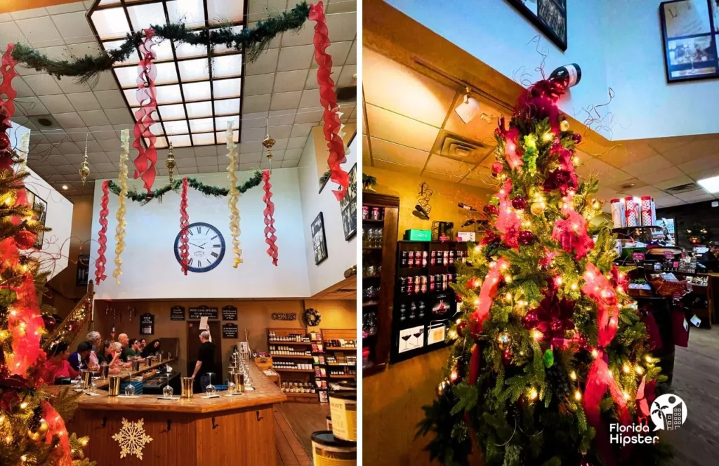 Tasting room with Christmas Tree at Lakeridge Winery in Clermont, Florida. Keep reading to discover more about Florida wine tours. 