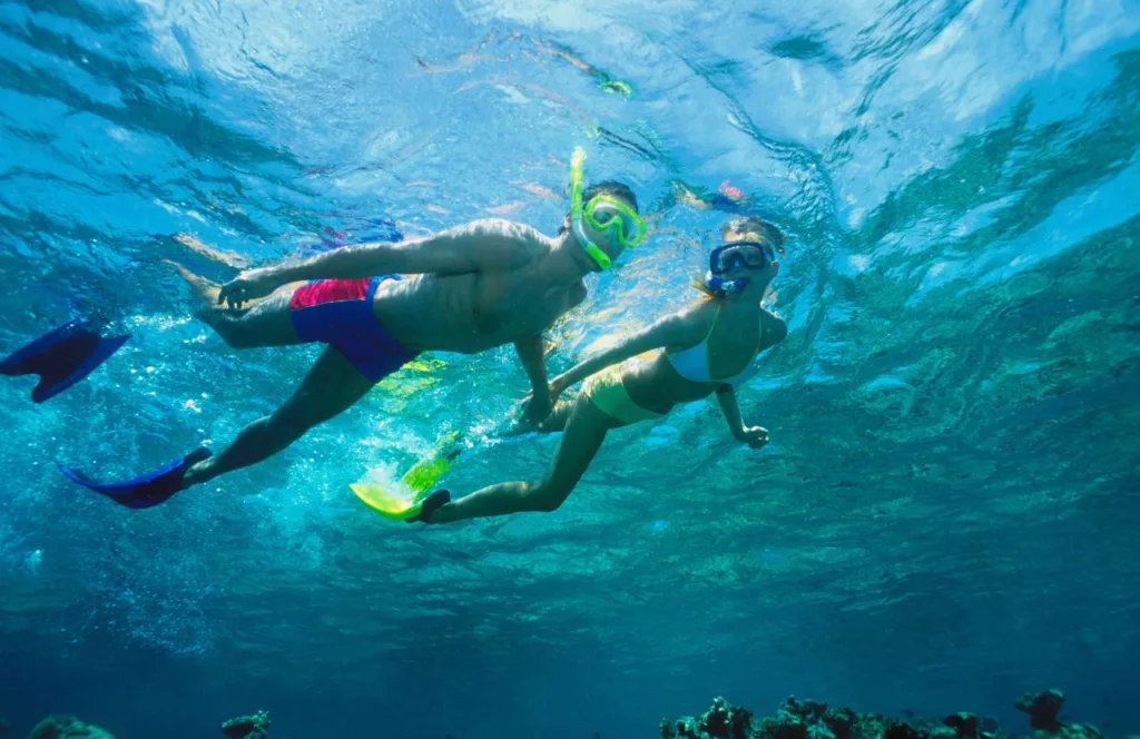 Man and woman underwater diving. Keep reading to learn what are the best things to do on a vacation in the Florida Panhandle. 