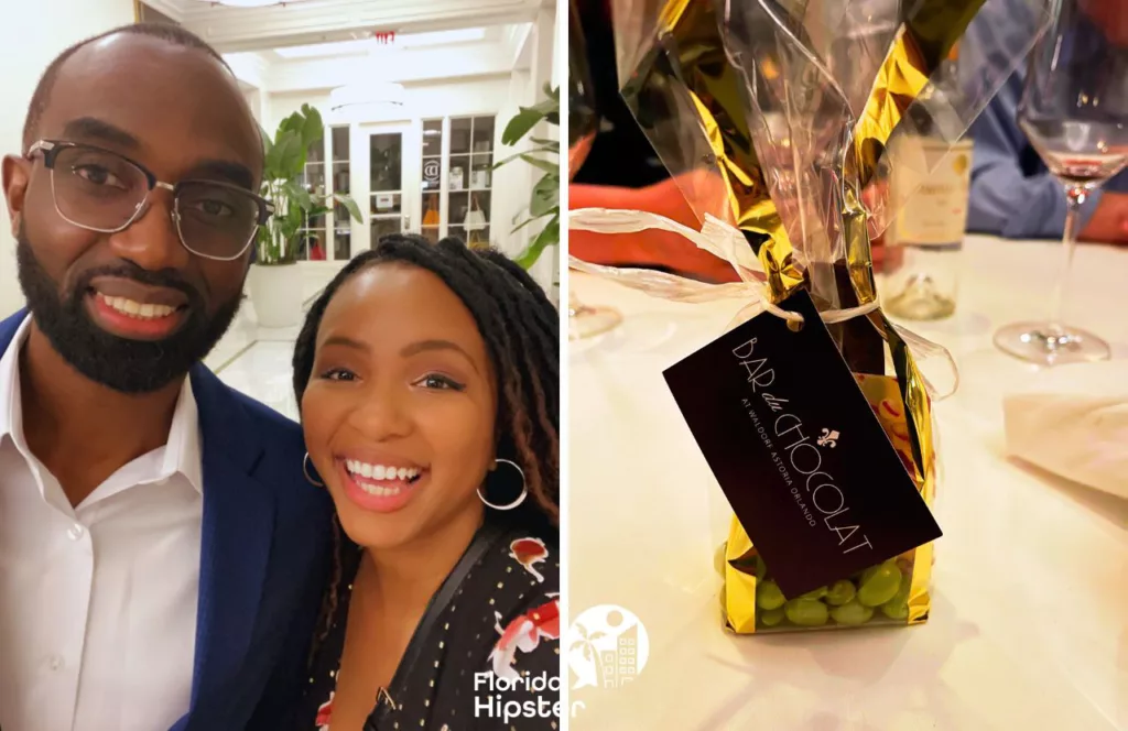 NikkyJ and her date on a romantic night out in Orlando at the Chocolate Experience at Waldorf Astoria in Epicurious Progressive Dining Experience at Bonnet Creek Signia Resort and Waldorf Astoria Resort. Keep reading to find out the best romantic getaways in Orlando.