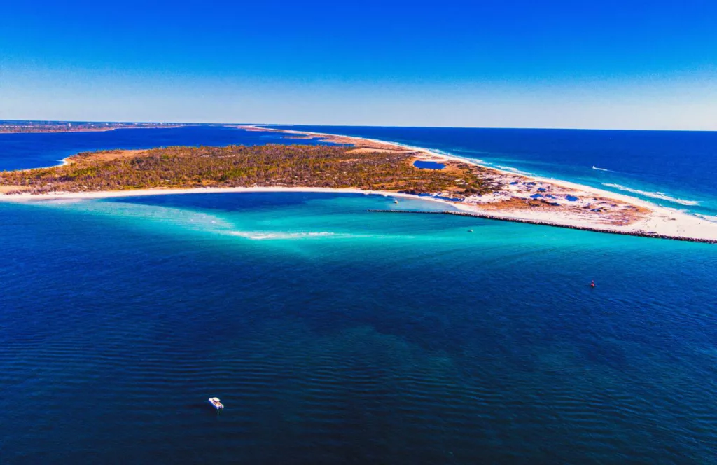 Aerial view of Shell Island. Keep reading to get the Full Guide to Snorkeling in Panama City Beach, Florida.