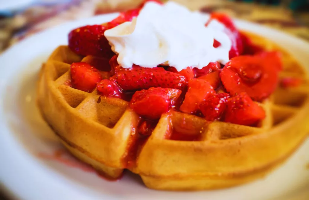 Waffle with fresh berries and whipped cream. Keep reading to learn more about Gainesville brunch.