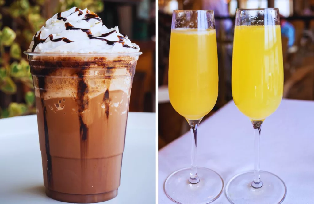 Ice Mocha Coffee next to Mimosas at The Pancakery of PCB. One of the best places to get breakfast in Panama City Beach, Florida. Keep reading to discover more about where to eat in Panama City Beach.