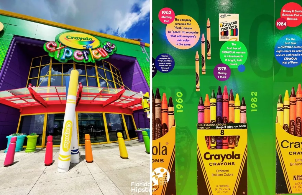 Crayola Experience exterior and wall postings. Keep reading to discover how to plan a trip to Orlando with toddlers. 