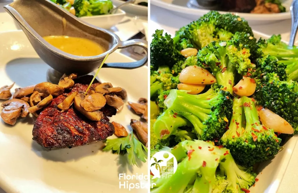 Charley's Steakhouse and Seafood Grill filet mignon with broccoli. One of the best restaurants in Orlando, Florida. Keep reading to discover the best steakhouse in Orlando.