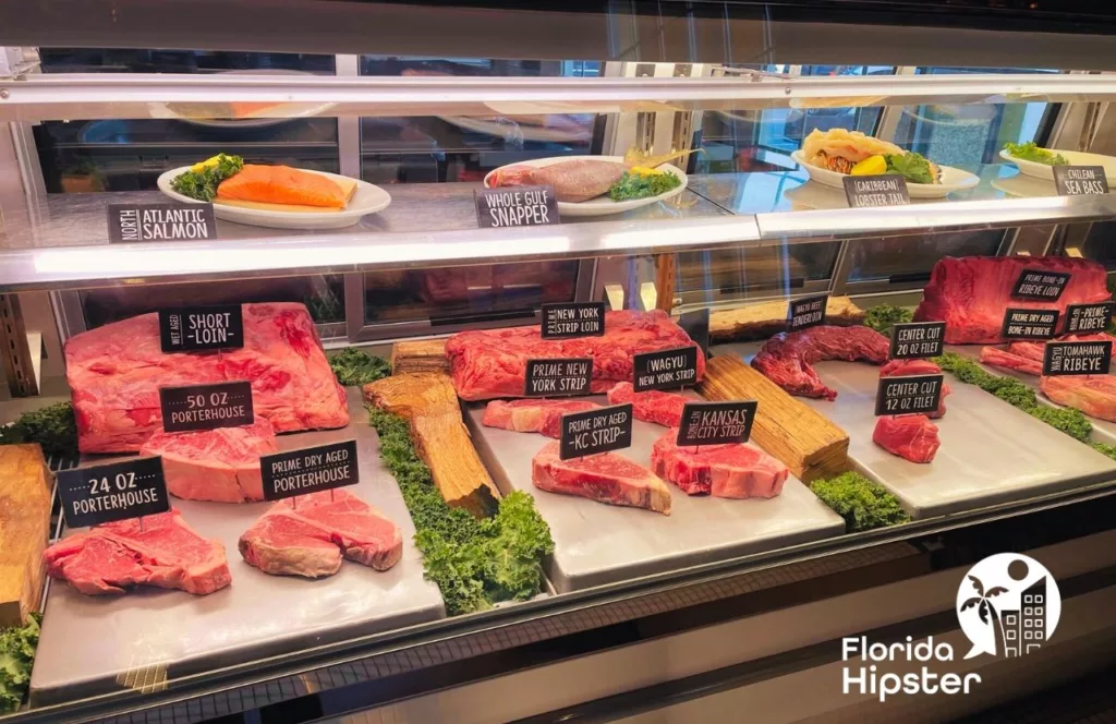Charley's Steakhouse and Seafood Grill of meats on display to be cooked. Keep reading to find out all you need to know about the best steakhouse in Orlando.