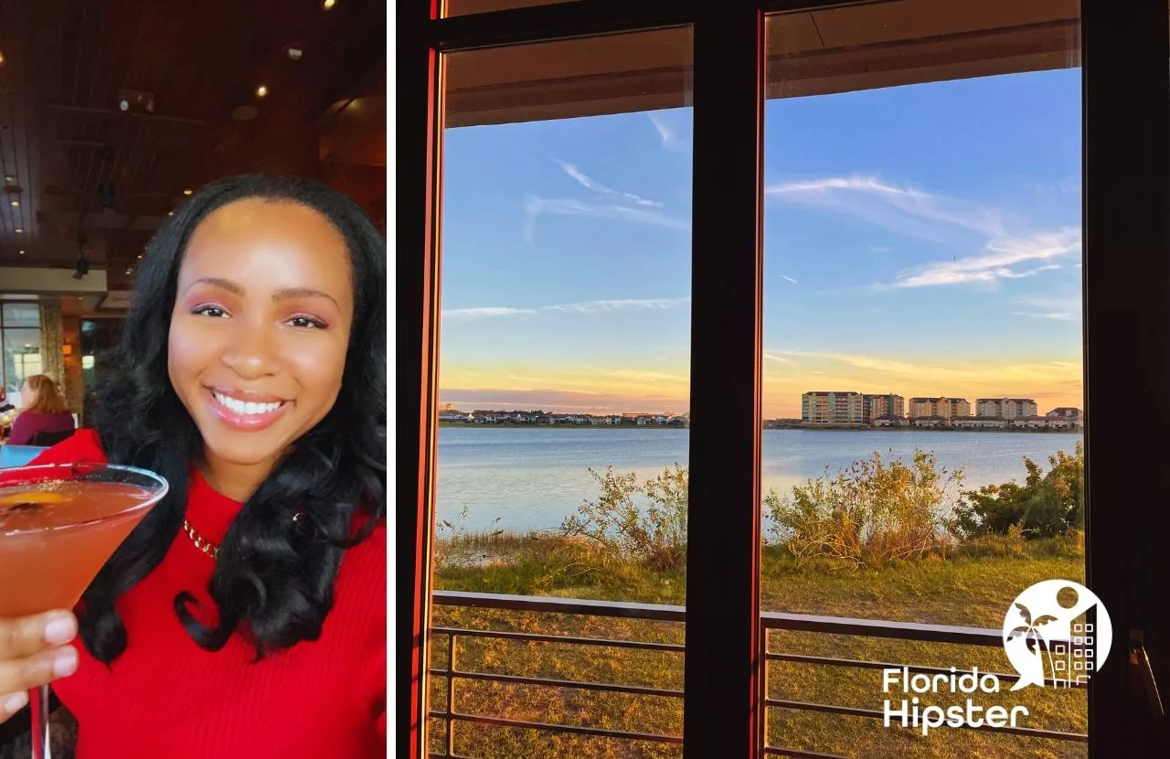 Seasons 52 Seafood and Steakhouse with nikkyj haivng pink cocktail at sunset. One of the best restaurants in Orlando, Florida