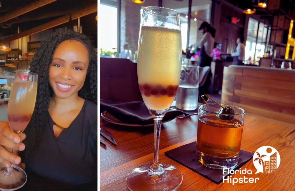 The H Steakhouse with NikkyJ and French 75. One of the best restaurants in Orlando, Florida, Keep reading to find out more about Orlando steakhouses.