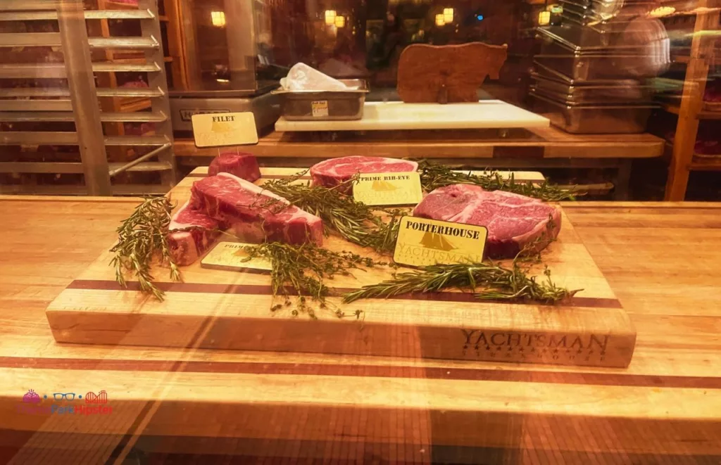 Steak display at Yachtsman Steakhouse at Yacht and Beach Club Resort Walt Disney World. Keep reading to find out all you need to know about the best steakhouse in Orlando.