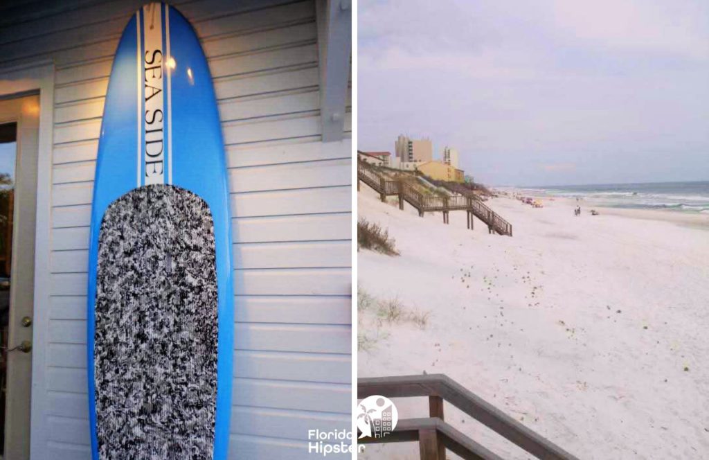 Seaside, Florida Beach with Surf Board. Keep reading to find out what are the best Florida beach vacations in August.