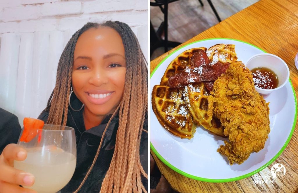  NikkyJ drinking Mimosa with Chicken and Waffles and Bacon. Keep reading to find out more about the best places to eat in Tampa if you are on a budget.