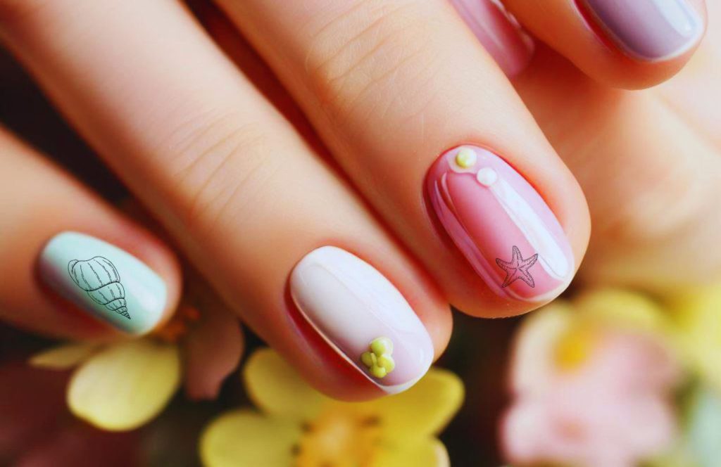 Florida Beach Nails Shell and Flower Nails. Keep reading to find out more ideas for beach nails for a beach vacation in Florida.
